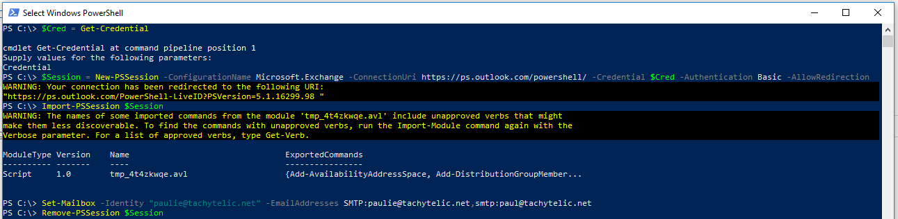 Screenshot showing how to Set the Primary Email Address on Office 365 with Powershell