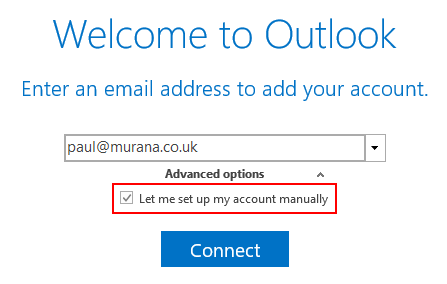 Image showing Outlook account setup wizard and selecting the setup account manually checkbox.