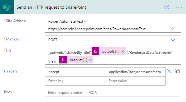 Image of SharePoint HTTP Request that is used to calculate a column total.