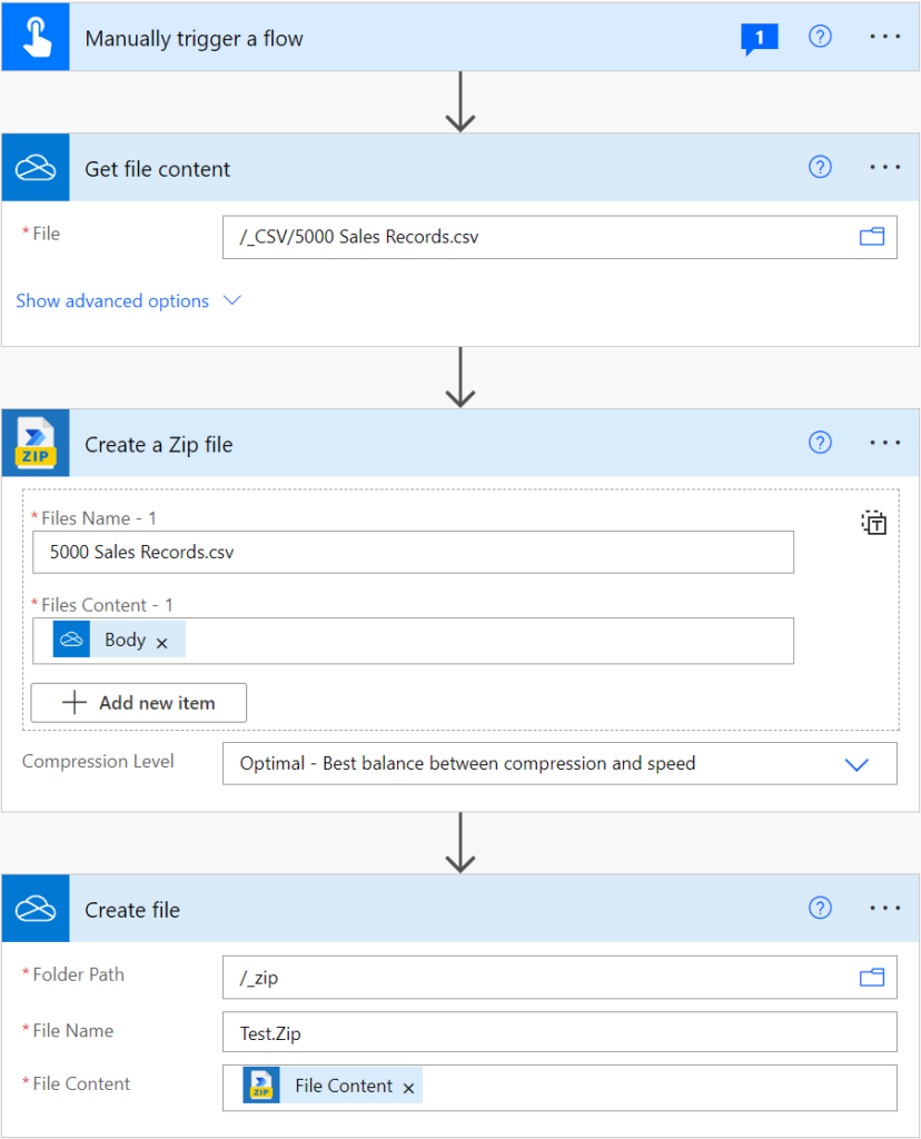 Example Power Automate Flow to create a zip from a single source file.