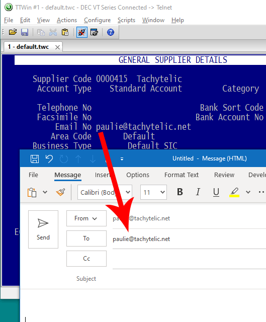 Image showing Email being initiated from a VBA Script within Powersoft TTWin 4