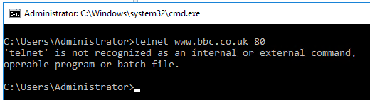 Image showing telnet not available in Windows Server