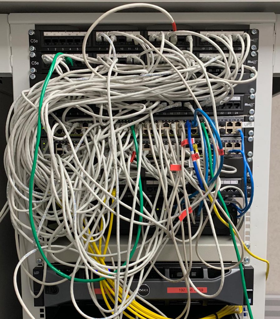 Photo of untidy communications cabinet