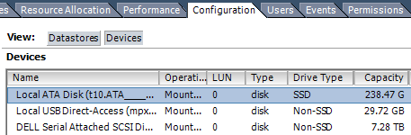 Image showing ESXi datastore with an SSD installed into the Optical bay of a Dell PowerEdge Server.