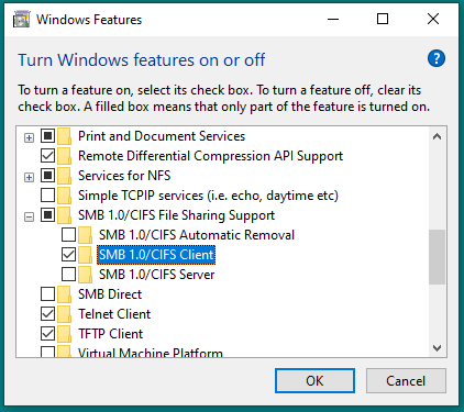Image showing the installation of SMB 1 support in Windows 10