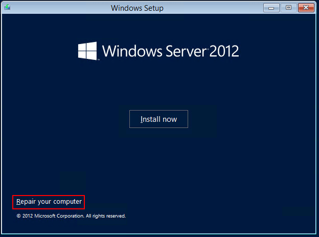 Image showing Windows Server Setup Repair computer option