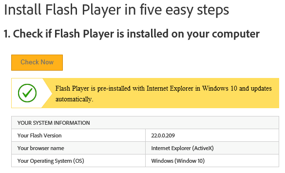 Screenshot showing successful installation of Flash Player on Windows Server 2016