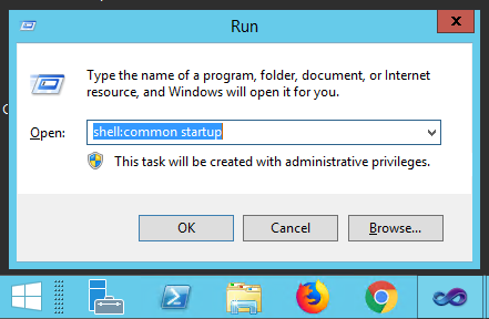 Run window on Windows Server showing how to access the common startup folder for all users.