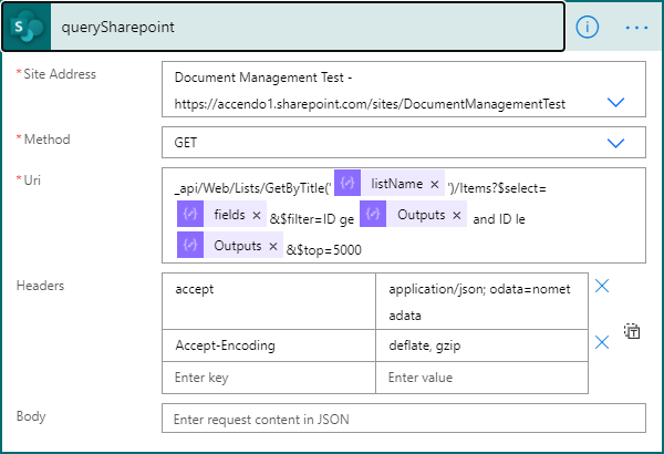 Image of SharePoint HTTP Action being used to collect 5000 records from SharePoint