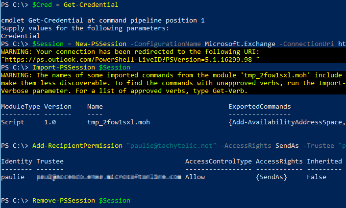 Image showing Powershell Window adding send as permissions on an Office 365 account
