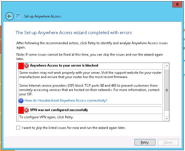 Windows Server Essentials Anywhere access - VPN was not configured successfully