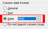 Image showing Excel Text to Columns Column data format. To convert US dates to UK dates