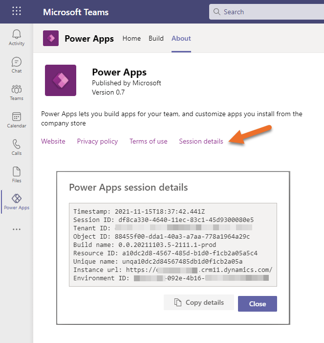 Image of Microsoft Teams Power Apps session details, for retrieving the Tennant ID and Environment ID