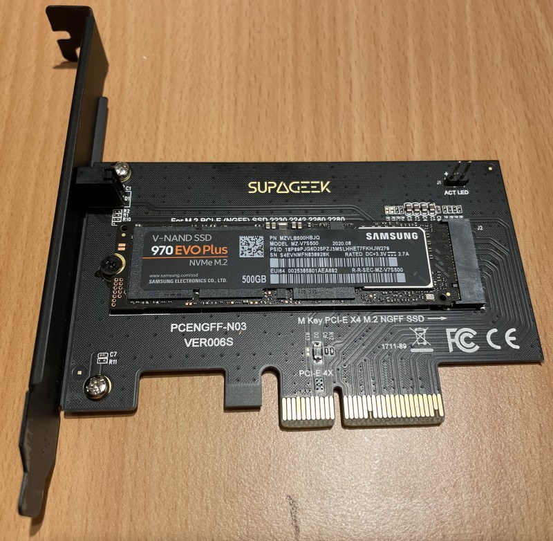 Image of a Samsung 970 EVOPlus installed on a PCIe adapter for installation in a Dell Alienware Area 51 r2