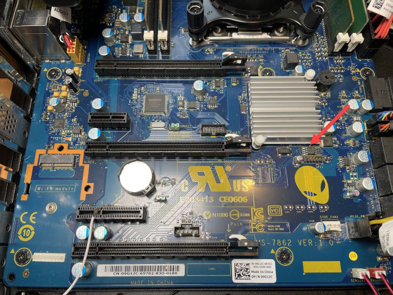 Image of Dell Alienware Area 51 r2 Motherboard, indicating the position of the BIOS chip