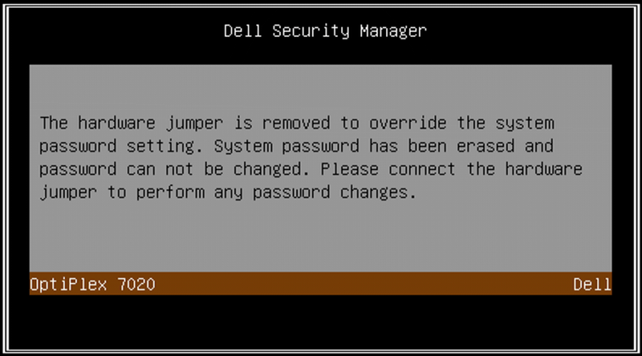 Image of Dell Security Manager warning when the password reset jumper has been removed from Dell OptiPlex