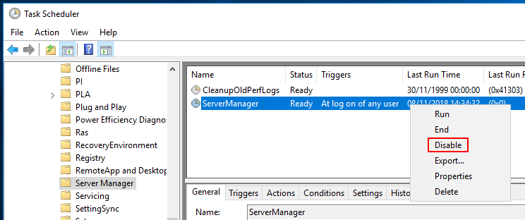 Image showing how to disable Server Manager in Windows Server 2016 using the Task Scheduler Library