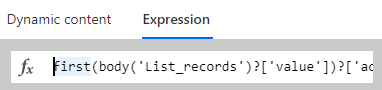 Image of Microsoft Flow Expression and the use of the "First" function which can give you the first result from a record set.
