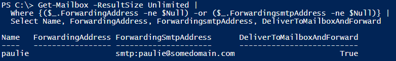 Image showing the use of the "Get-Mailbox" cmdlet to list mailboxes which have forwarding enabled and will be set for removal.