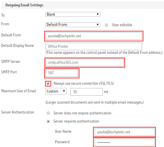 Image showing setting required for Scan to Email Setup for Office 365 from a Multi-function printer or copier
