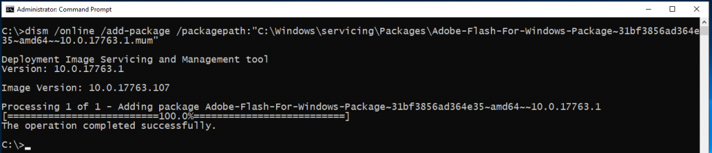 Image showing command line installation of Flash Player on Windows Server 2019