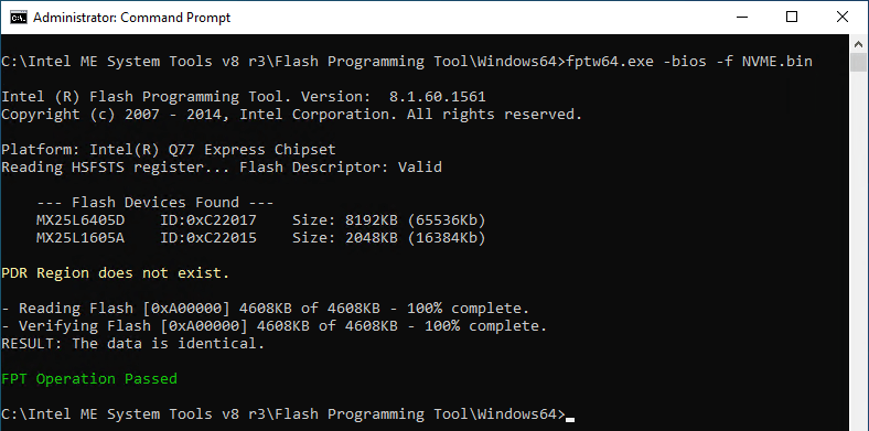 Image of Intel FPTW tool writing a modified BIOS to Lenovo M92p