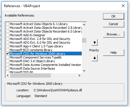 Image showing how to add the Microsoft CDO Library to the Office VBA Environment