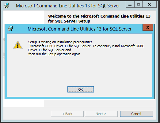 Image showing Microsoft Command Line Utilities for SQL Server failing to install due to an ODBC Driver Requirement
