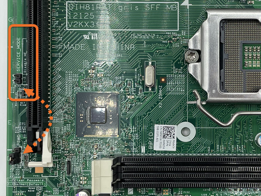 Image of Dell Optiplex 3020 Motherboard Service mode pins.