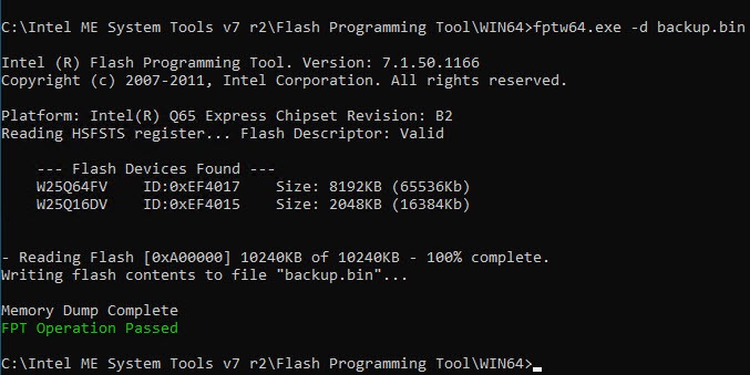 Image of Intel Flash Programming Tools taking a backup of a Dell OptiPlex BIOS.