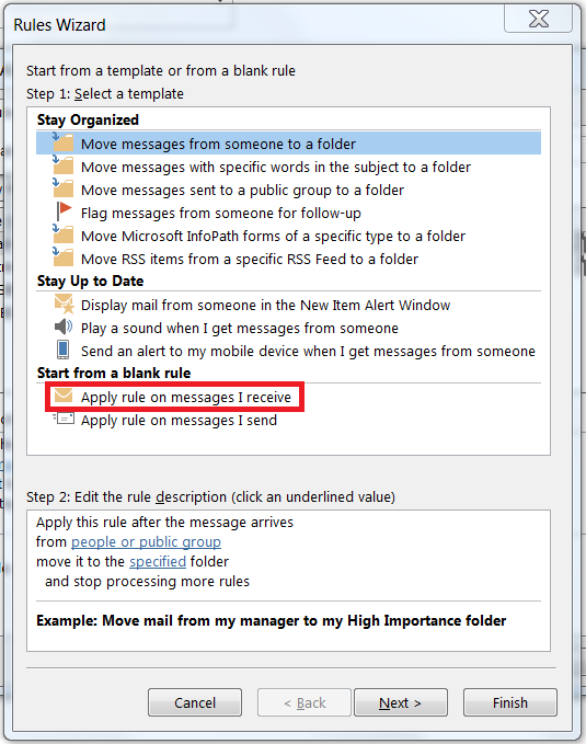 Outlook 2013 - Creating a blank rule on an incoming message