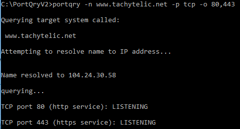 Image showing the usage of portqry.exe to test multiple ports on a web server 