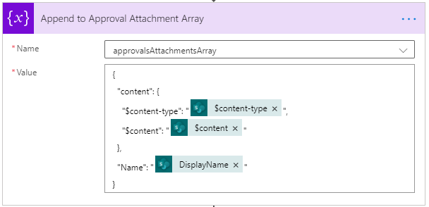 Image of Power Automate array containing multiple attachments for use in an approval flow.