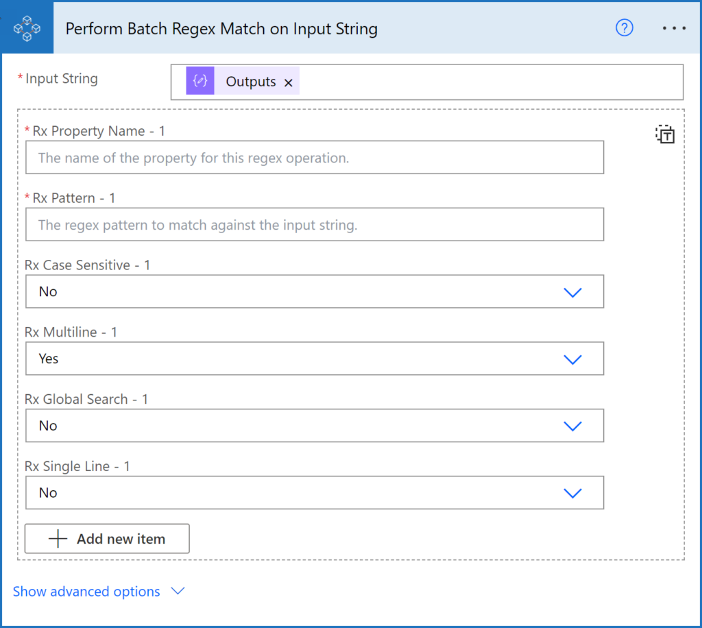 Image of Power Automate action that enables multiple regular expression matches in a single action.