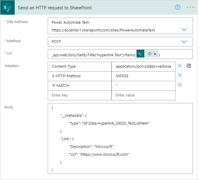Image showing the use of the HTTP Request to SharePoint action in Power Automate being used to populate a Hyperlink column.