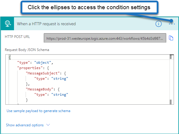Image showing how to access the settings of the HTTP Request trigger in Power Automate
