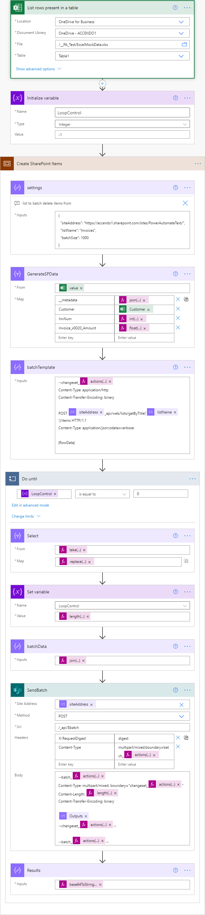 Image of a complete Power Automate Flow that uses the SharePoint $batch API to create list items