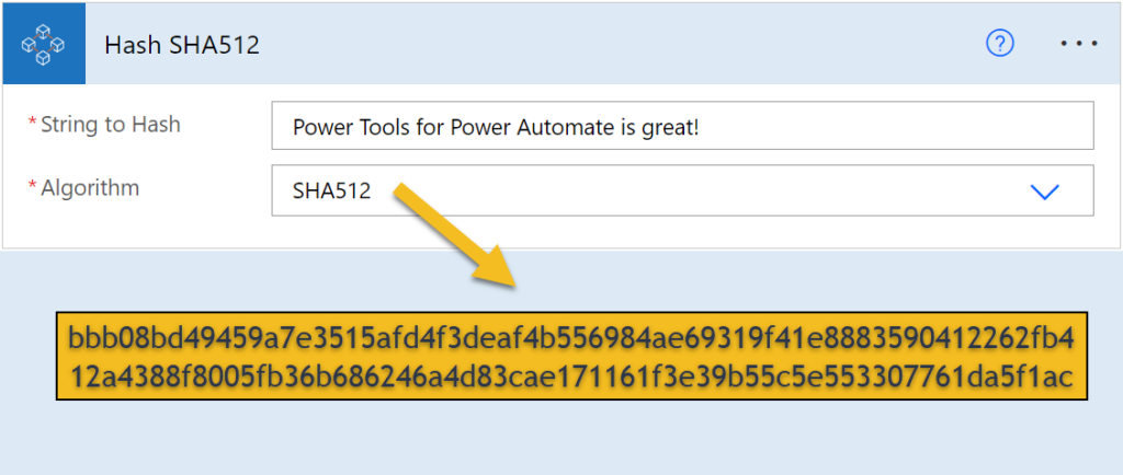 Image showing the hash operation from Power Tools hashing a string in Power Automate