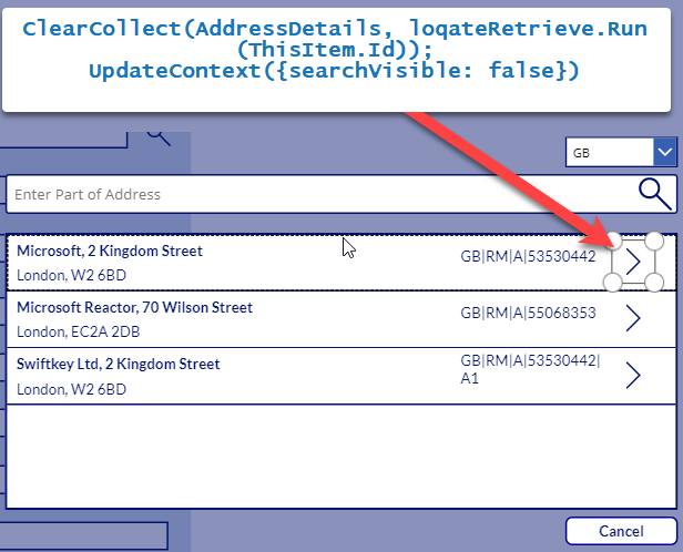 Image showing the execution of a flow in PowerApps which collects address details from Loqate and puts them into a colleciton.