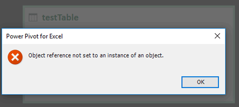 Image showing Excel error "Object reference not set to an instance of an object." when trying to delete a table from the data model.