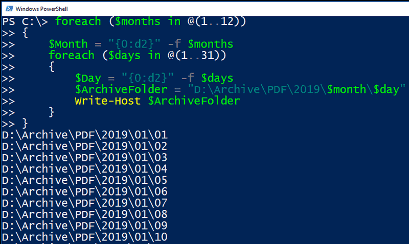 Image of PowerShell loop padding a single digit number with leading zeros
