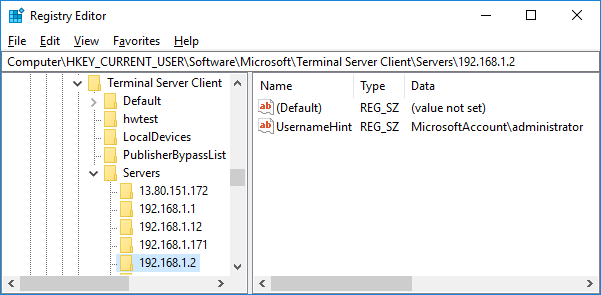 Image showing connection history of RDP client in Windows Registry