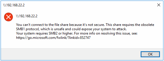 Эта общая папка работает по устаревшему протоколу smb1 windows server 2019