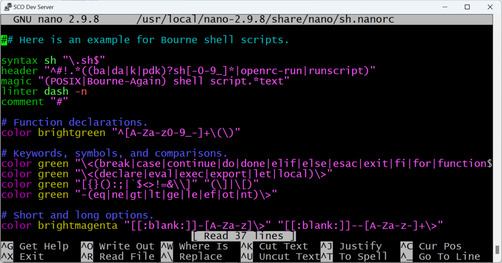 Image of PuTTY running on SCO OpenServer 5.0.7 with 256 Colour Support