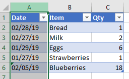 Image showing selection of column of US format dates in Excel
