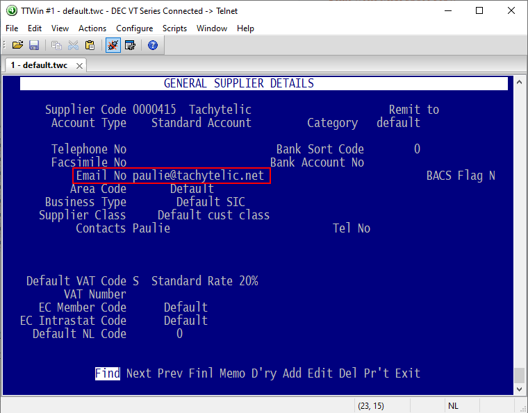 Image of typical text based legacy system using TTWin 4 to connect.