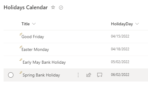 SharePoint list showing public holidays which will be excluded from the result.