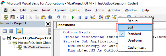 Image showing how to add the "edit" toolbar in Office VBA to allow you to easily comment and uncomment blocks of code in VBA