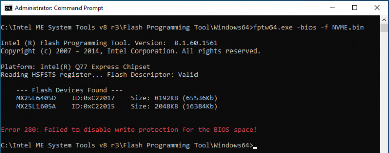 Error 280 failed to disable write protection for the bios space как исправить