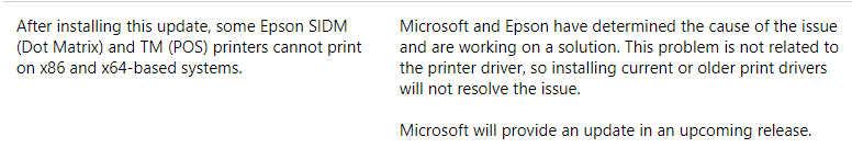 Microsoft confirmation of problems with Epson Printers after installing November 2017 security roll-up patches. 